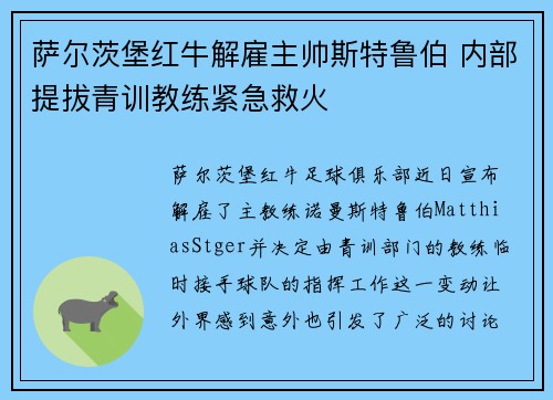 萨尔茨堡红牛解雇主帅斯特鲁伯 内部提拔青训教练紧急救火 萨尔茨堡红牛解雇主帅斯特鲁伯 内部提拔青训教练紧急救火